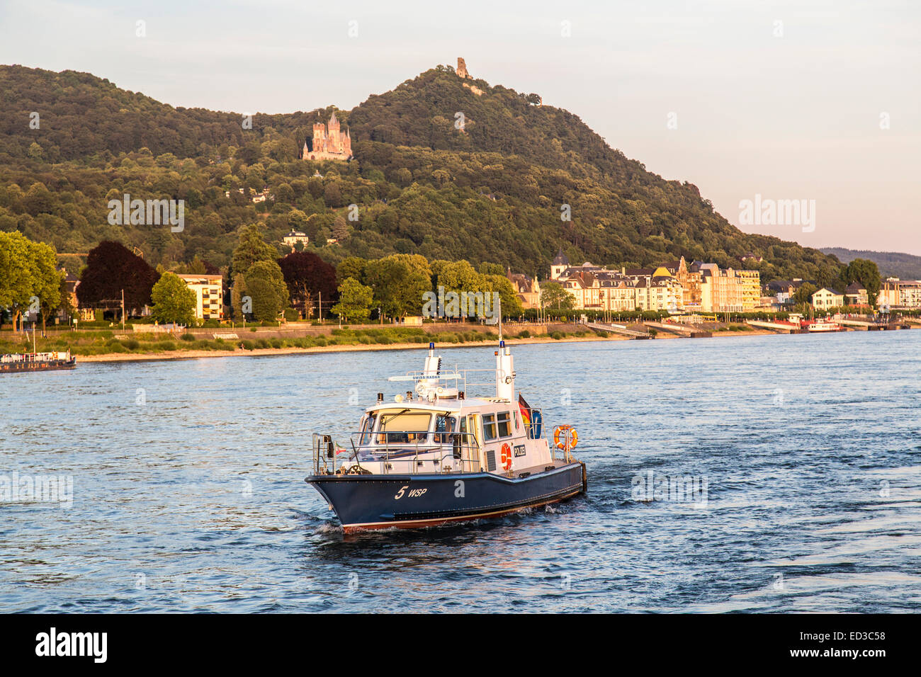 Rhine at Königswinter, Seven Mountains, Castle Drachenfels, patrol boat river police Stock Photo