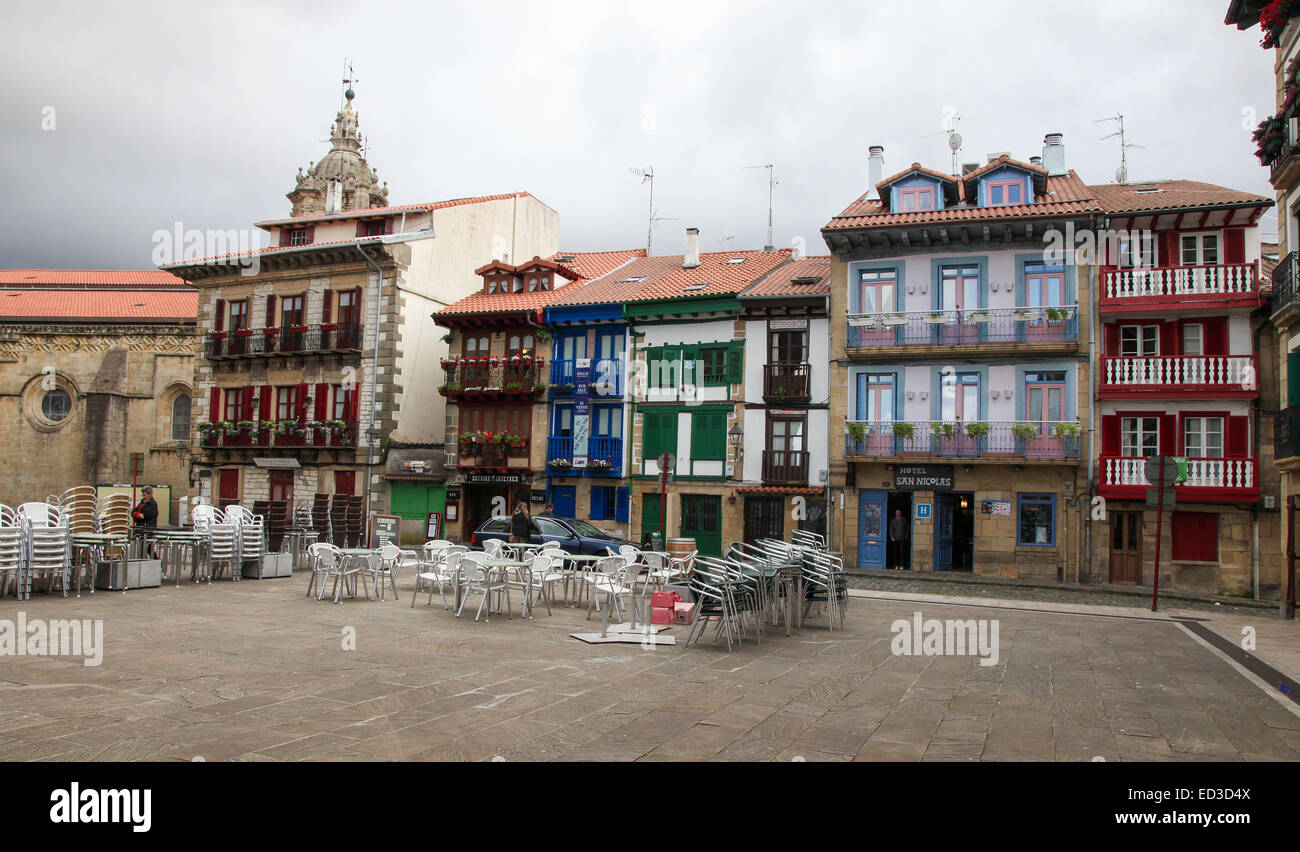 HONDARRIBIA, SPAIN - MAY 26, 2014: Houses at the Plaza Arma in the Port Area in Hondarribia, a town in Gipuzkoa, Basque Country, Stock Photo