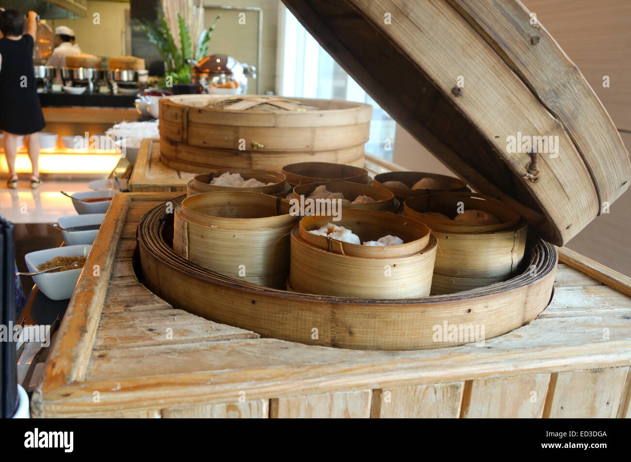 Dim sum steamer baskets, chinese, Cantonese or Hokkien food, buffet. Hotel, restaurant. Bangkok, Thailand. Stock Photo