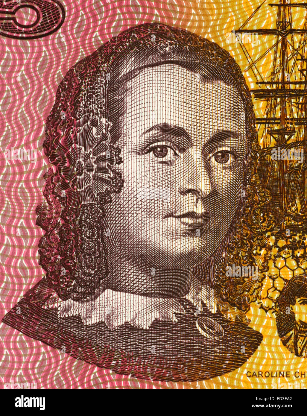 Caroline Chisholm (1808-1877) on 5 Dollars 1967 banknote from Australia. Progressive 19th century English humanitarian. Stock Photo
