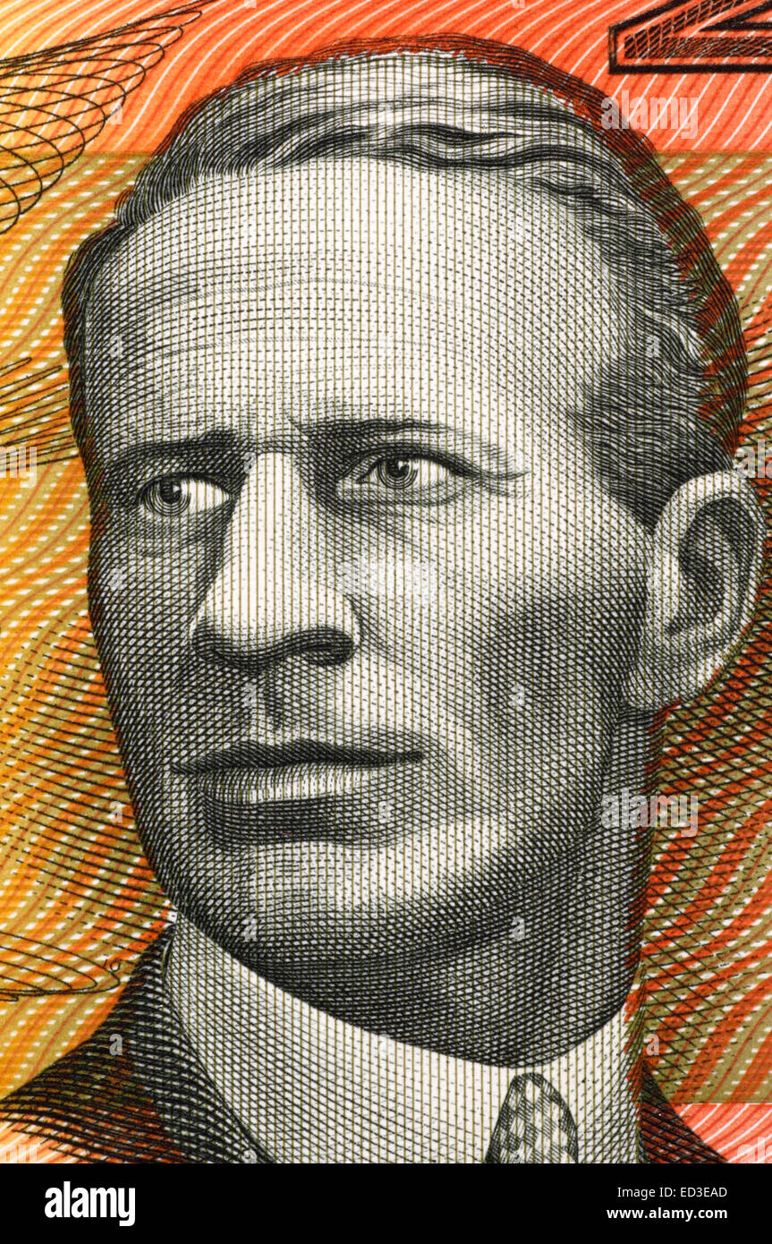 Charles Kingsford Smith (1897-1935) on 20 Dollars 1974 banknote from Australia. Early Australian aviator. Stock Photo