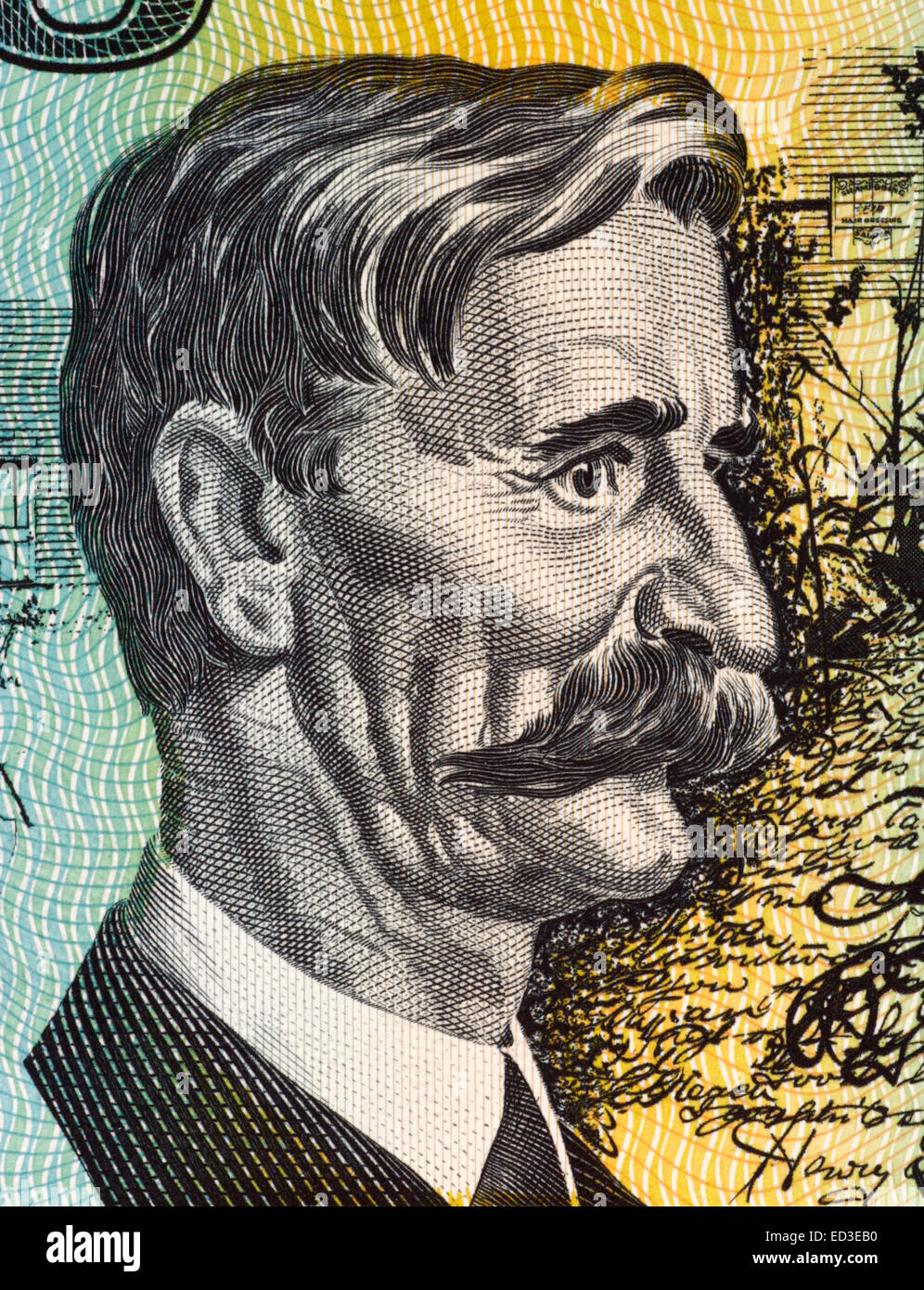 Henry Lawson (1867-1922) on 10 Dollars 1966 banknote from Australia. Australian writer and poet. Stock Photo