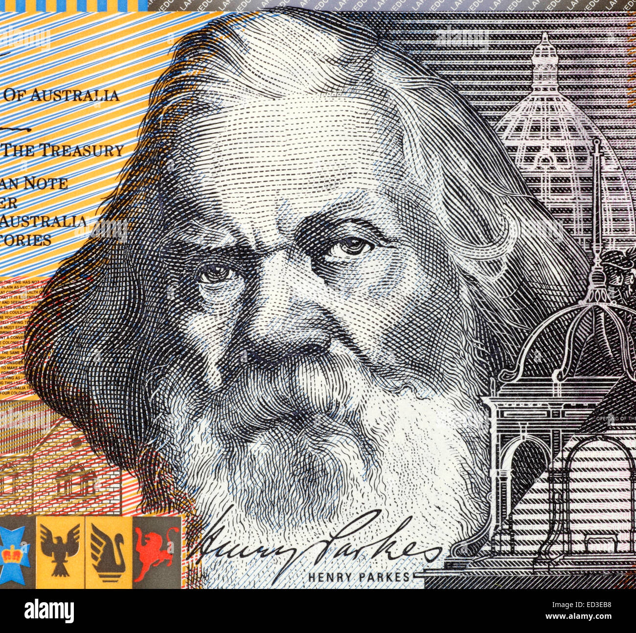 Henry Parkes (1815-1896) on 5 Dollars 2001 banknote from Australia. The Father of the Australian Federation. Stock Photo