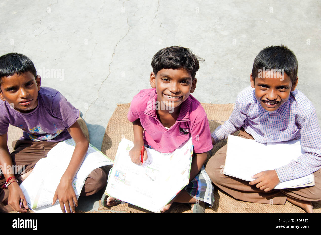 3 indian rural  Children Students Study Stock Photo