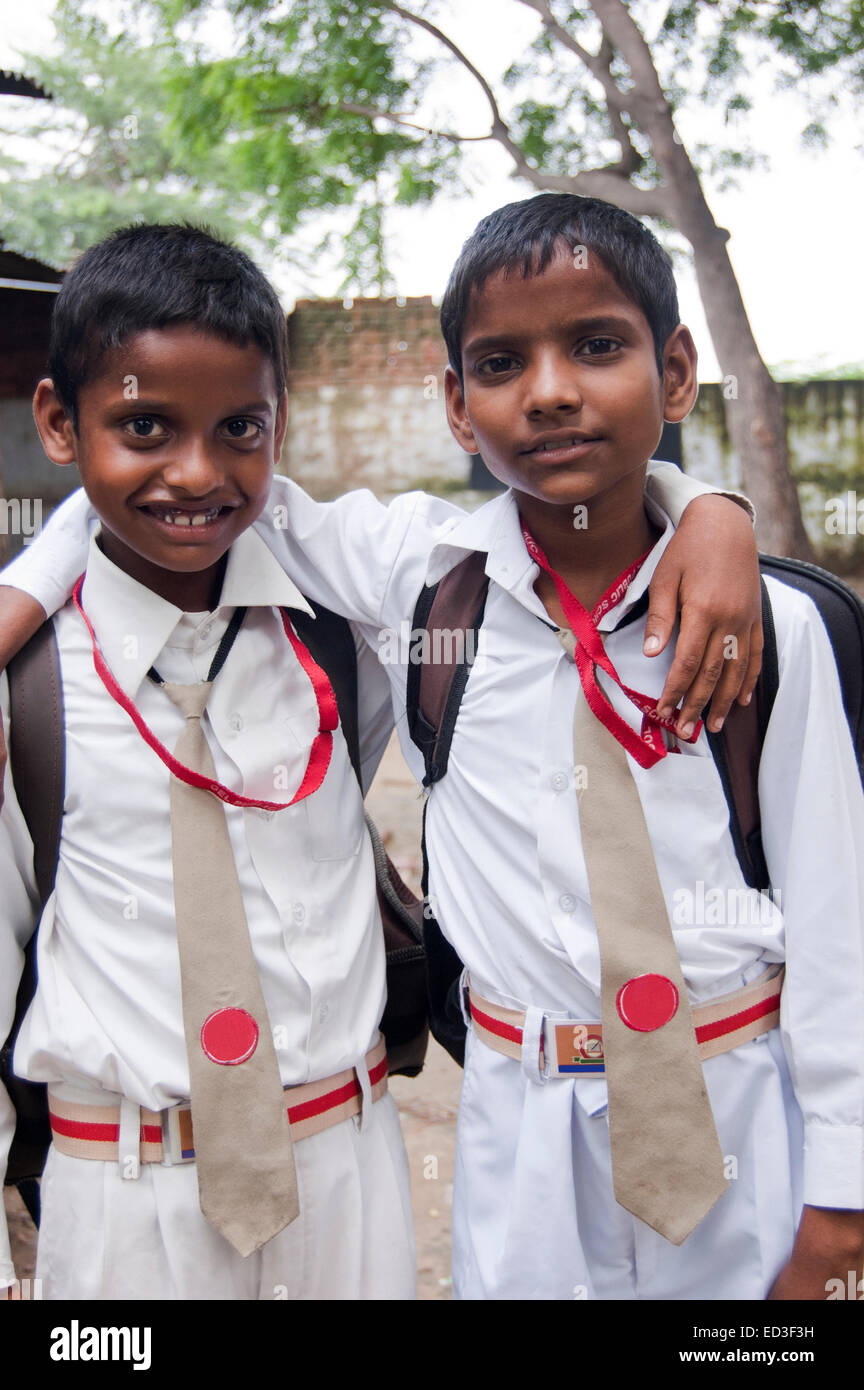 2 indian rural children boys school students Stock Photo