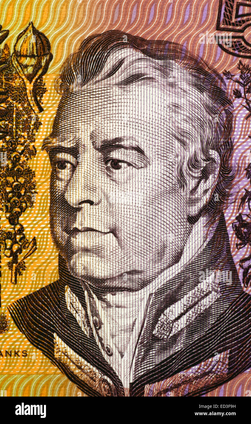 Joseph Banks (1743-1820) on 5 Dollars 1967 banknote from Australia. English naturalist and botanist. Stock Photo