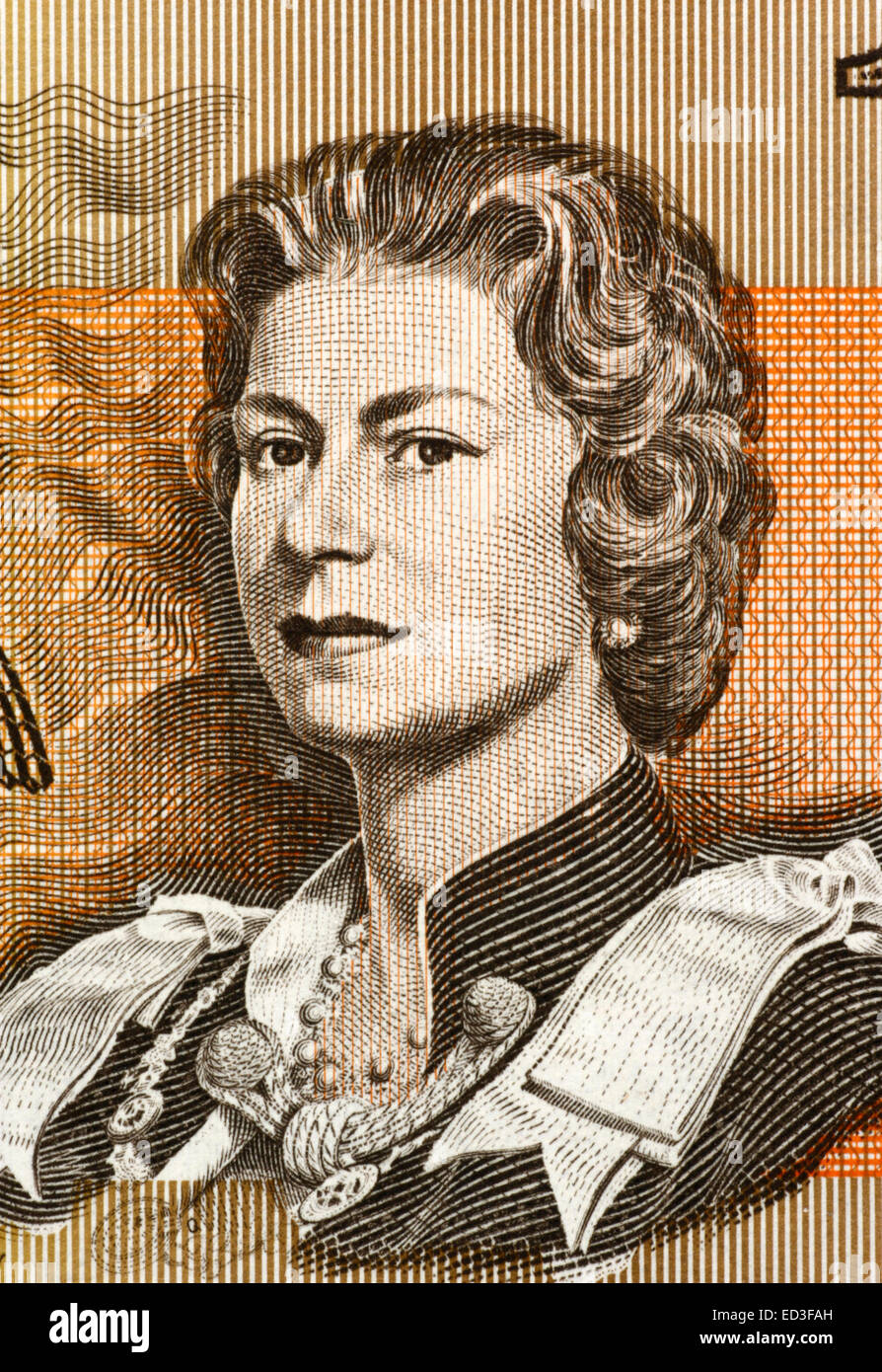 Queen Elizabeth II  (born 1926) on 1 Dollar 1966 banknote from Australia. Queen of the United Kingdom. Stock Photo