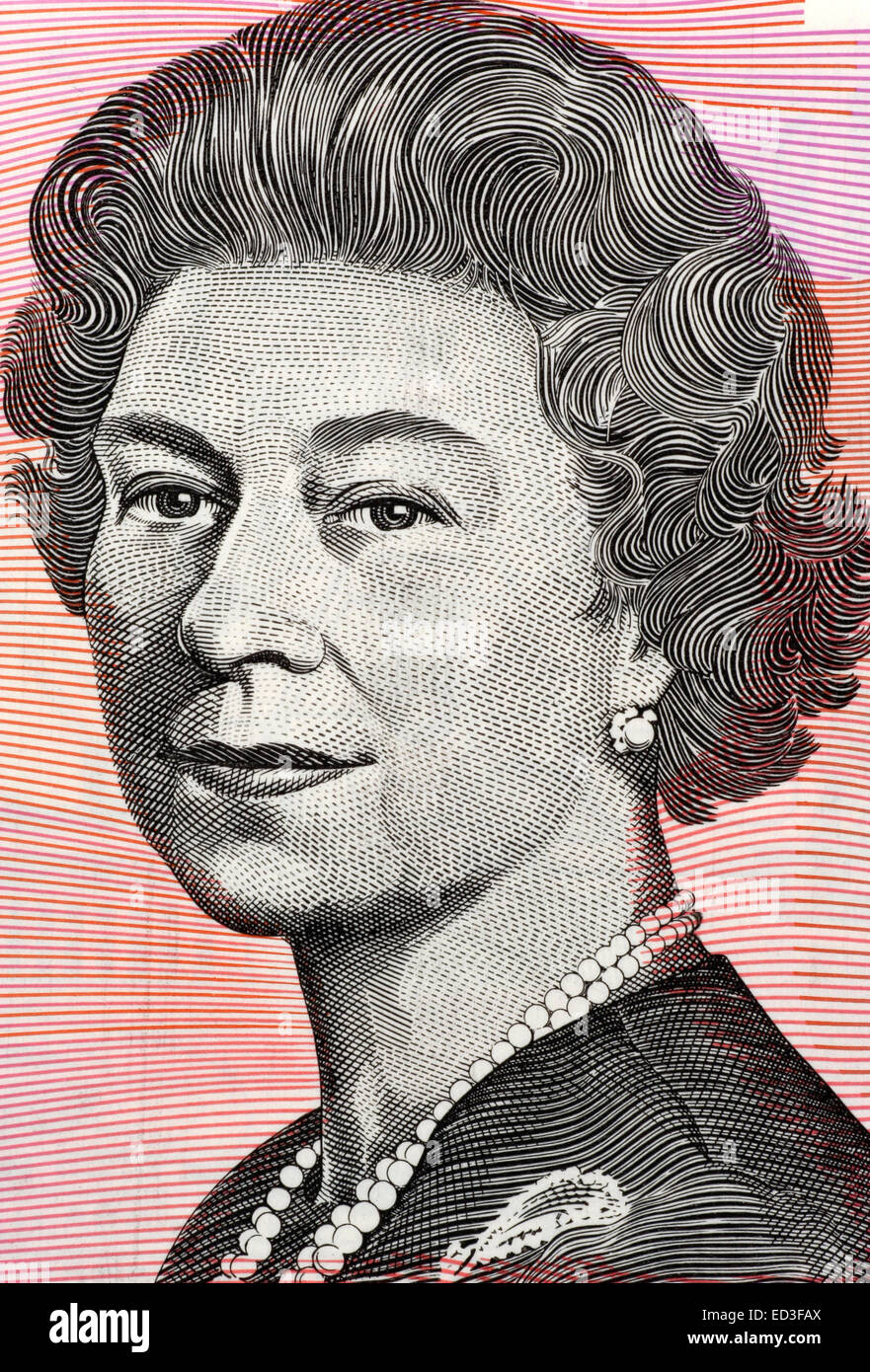 Queen Elizabeth II  (born 1926) on 5 Dollars 1992 banknote from Australia. Queen of the United Kingdom. Stock Photo