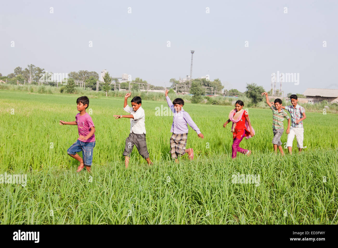 indian rural children group farm fun Stock Photo