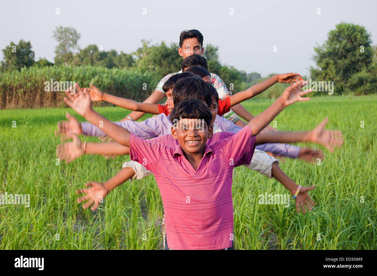 indian rural children group farm Standing fun Stock Photo