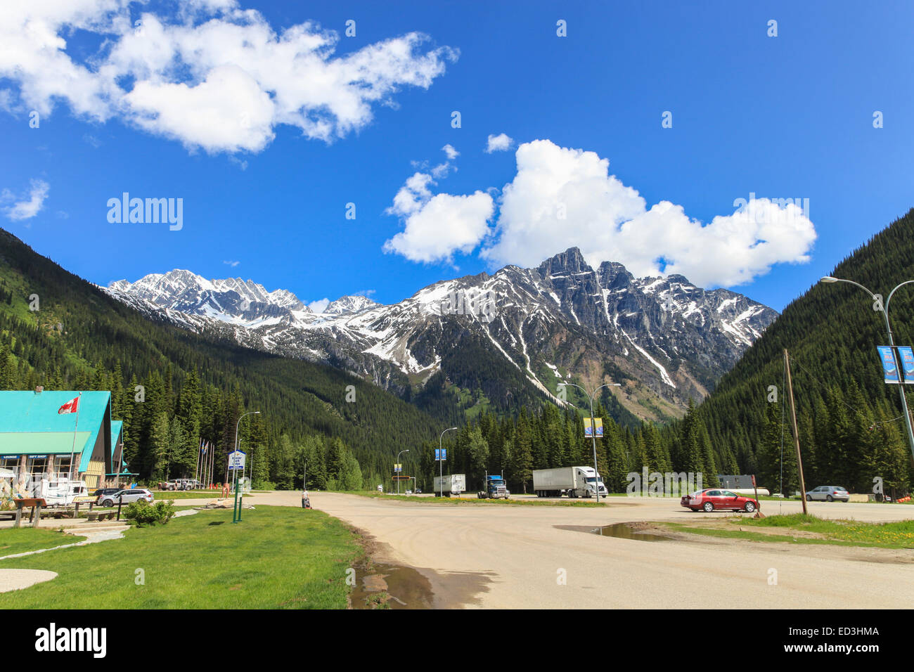 Rogers Pass, British Columbia, Canada. Rest area with snow capped