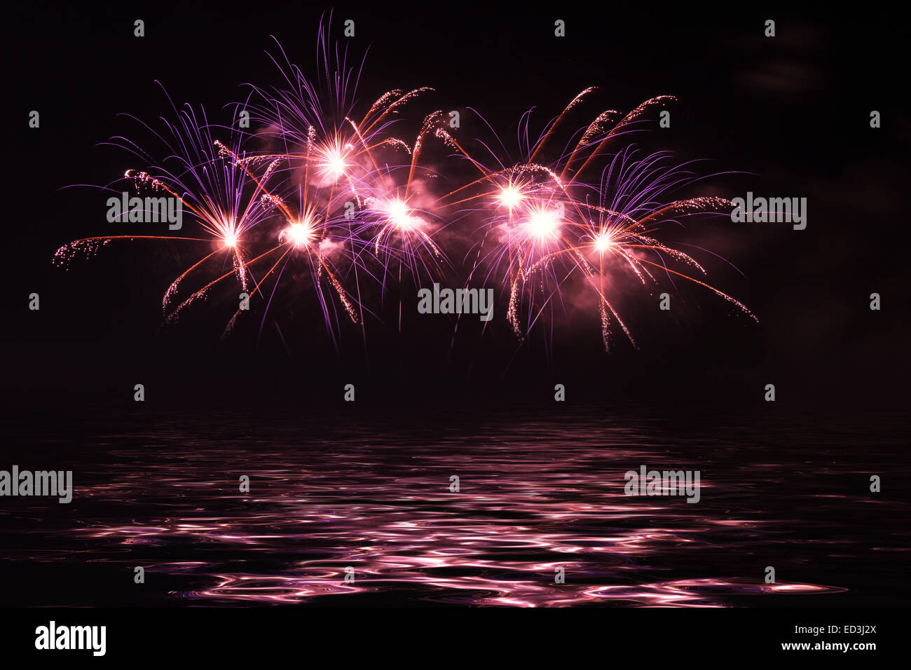 firework in blue and red and watermirror Stock Photo