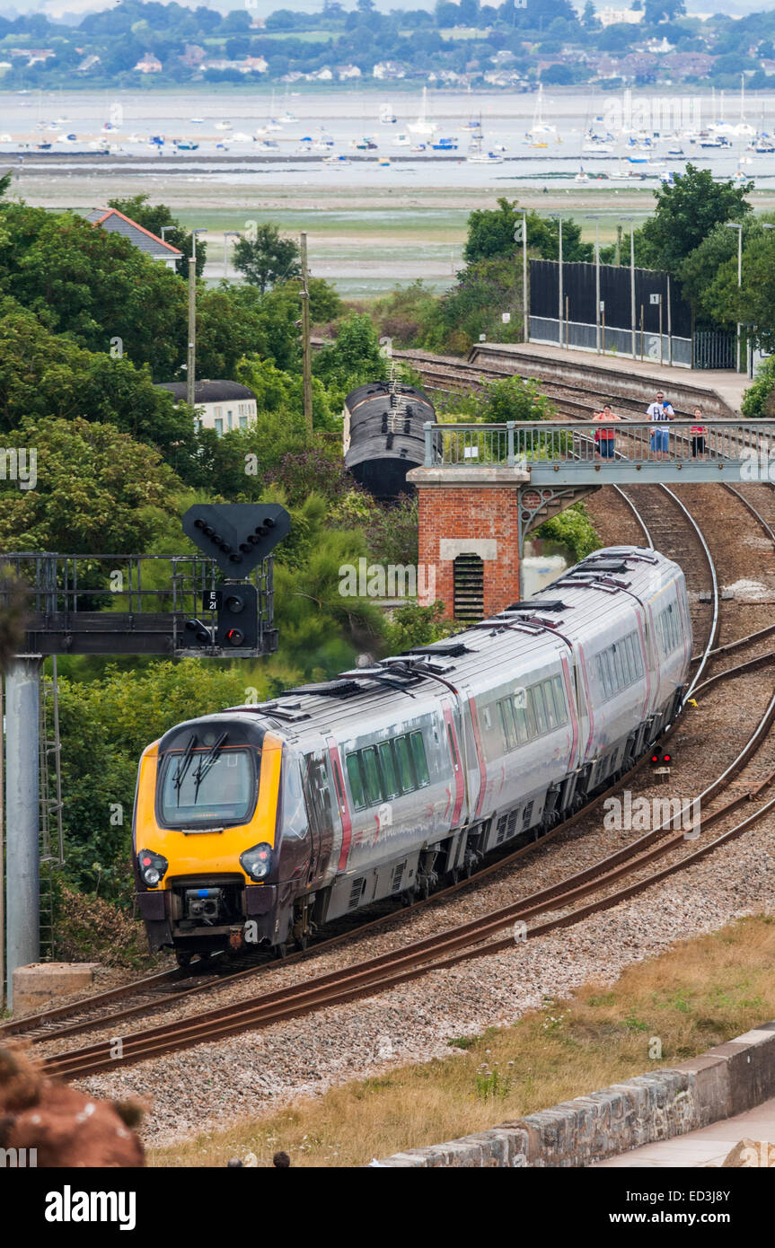 Voyager express passenger train of Cross Country Trains rounding a bend as it heads towards