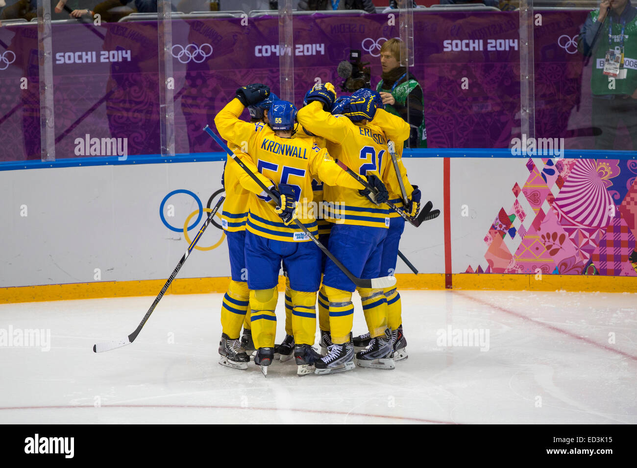 Team Sweden celebrates during Sweden vs Slovenia game at the Olympic Winter Games, Sochi 2014 Stock Photo