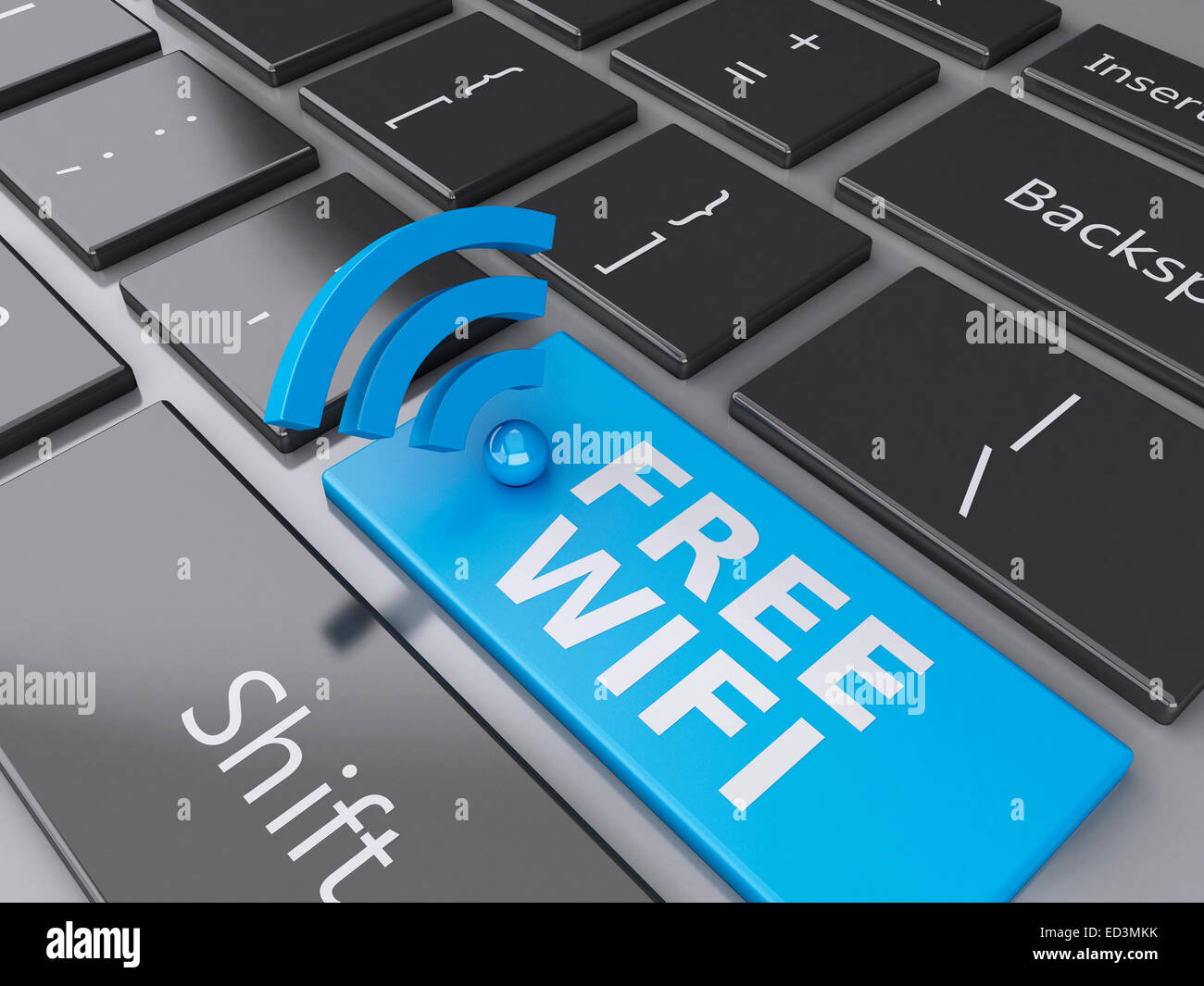 image of 3d illustration. Wifi icon and free wifi button on computer
