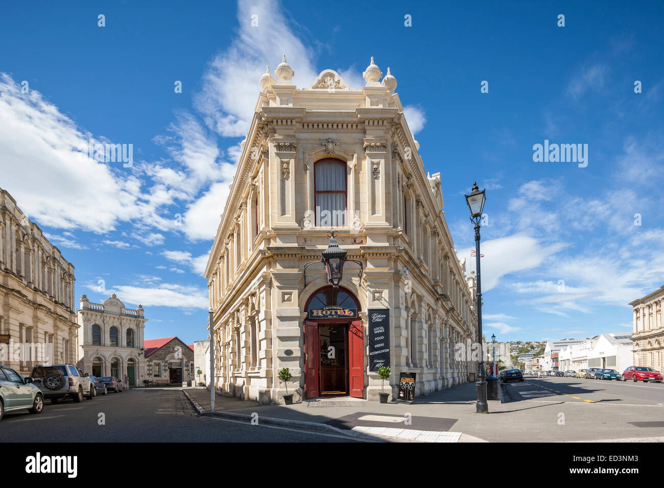 New Zealand Oamaru. The Criterion Hotel and other old Victorian style buildings in the Historic Harbour Harbor district. Stock Photo
