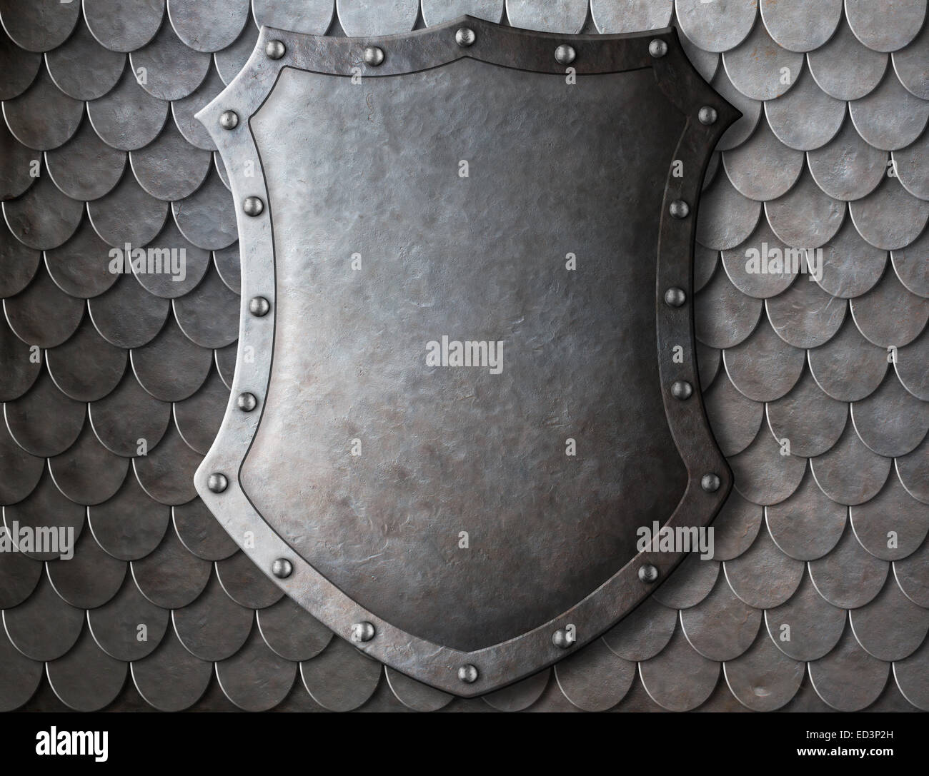 old medieval coat of arms shield over scales armour background Stock Photo