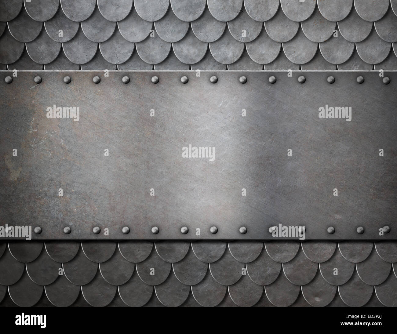 metal plate over scales armor background Stock Photo