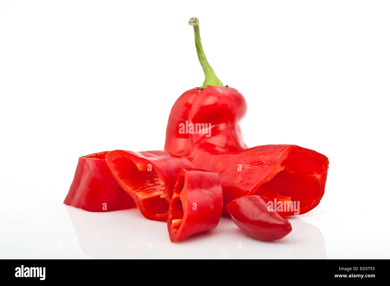 closeup of chopped red hot pepper isolated on white background Stock