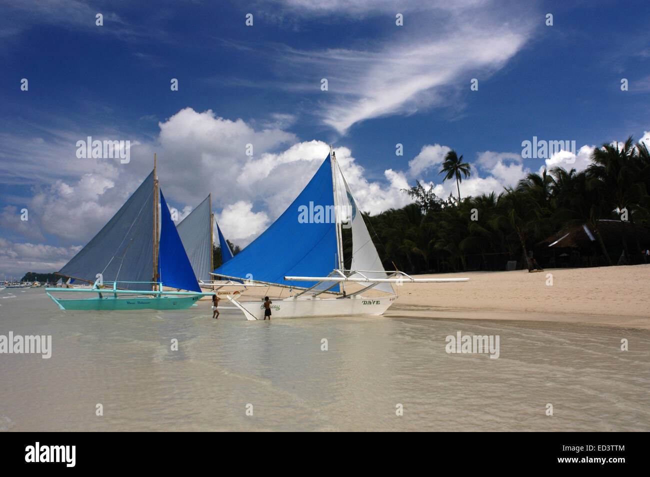 Philippines. Boracay Island Philippines. Sail boats on beach Boracay; The Visayas; Philippines.  Bankas on white sand. White bea Stock Photo