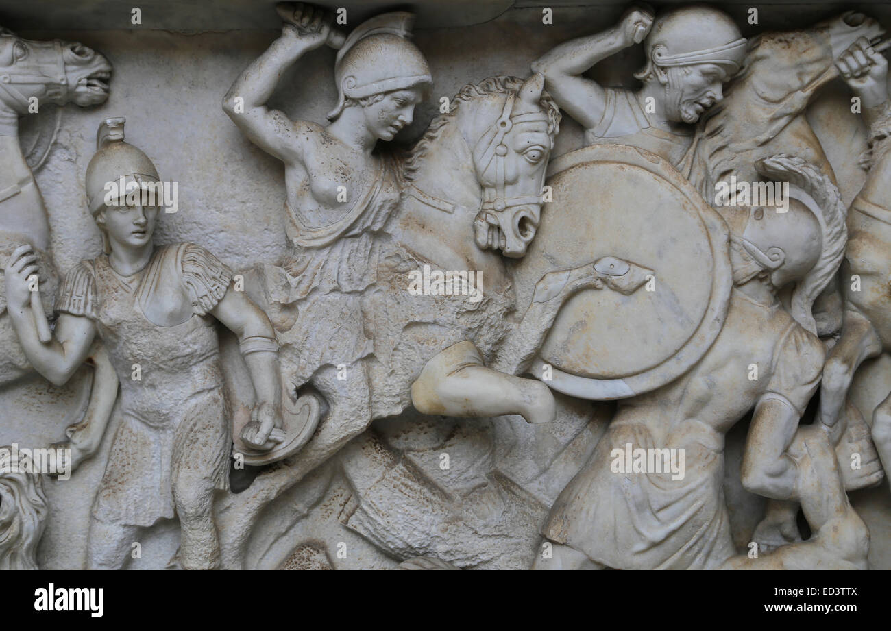 Imperial Roman era. Basin of sculpture of a river god Arno. Sarcophagus. 170-180 AD. Battles between Greeks and Amazon. Vatican. Stock Photo