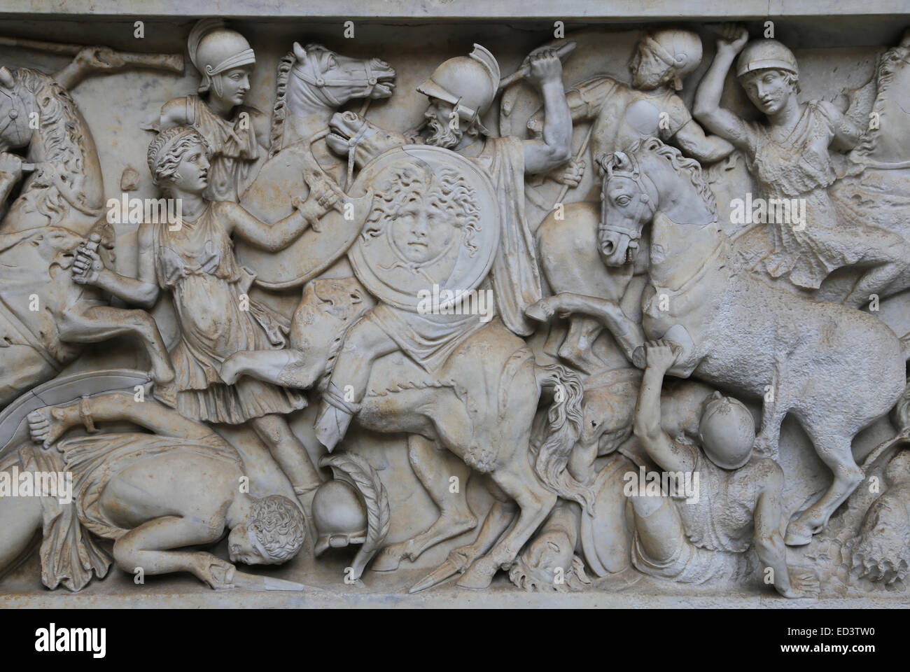 Imperial Roman era. Basin of sculpture of a river god Arno. Sarcophagus. 170-180 AD. Battle. Amazons and Greeks. Vatican Museums Stock Photo