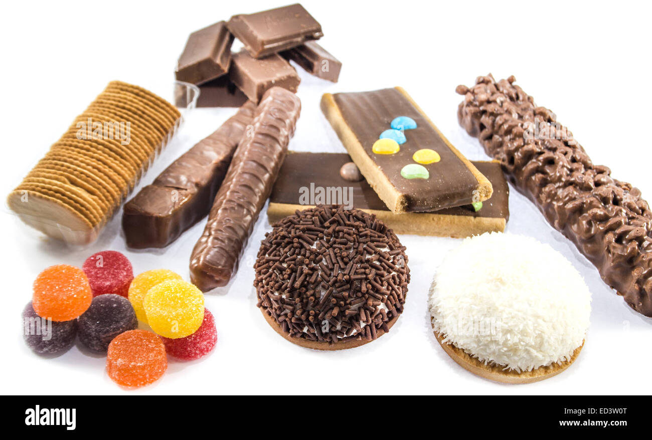 collection of delicious candies, biscuit and Cookies on a white background . Stock Photo