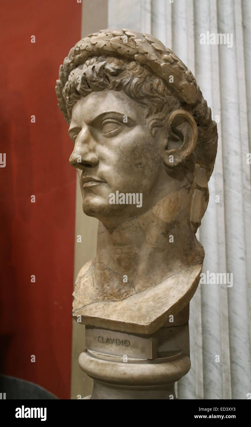Emperor Claudius (10 BC-54 AD). Bust showing Claudius wearing the civil crown, a diadem of oak leaves. Vatican Museums. Stock Photo