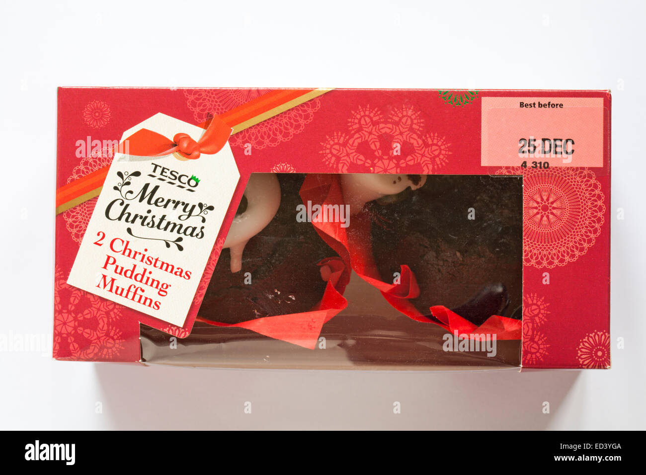 box of Tesco Merry Christmas 2 Christmas Pudding Muffins isolated on white background Stock Photo