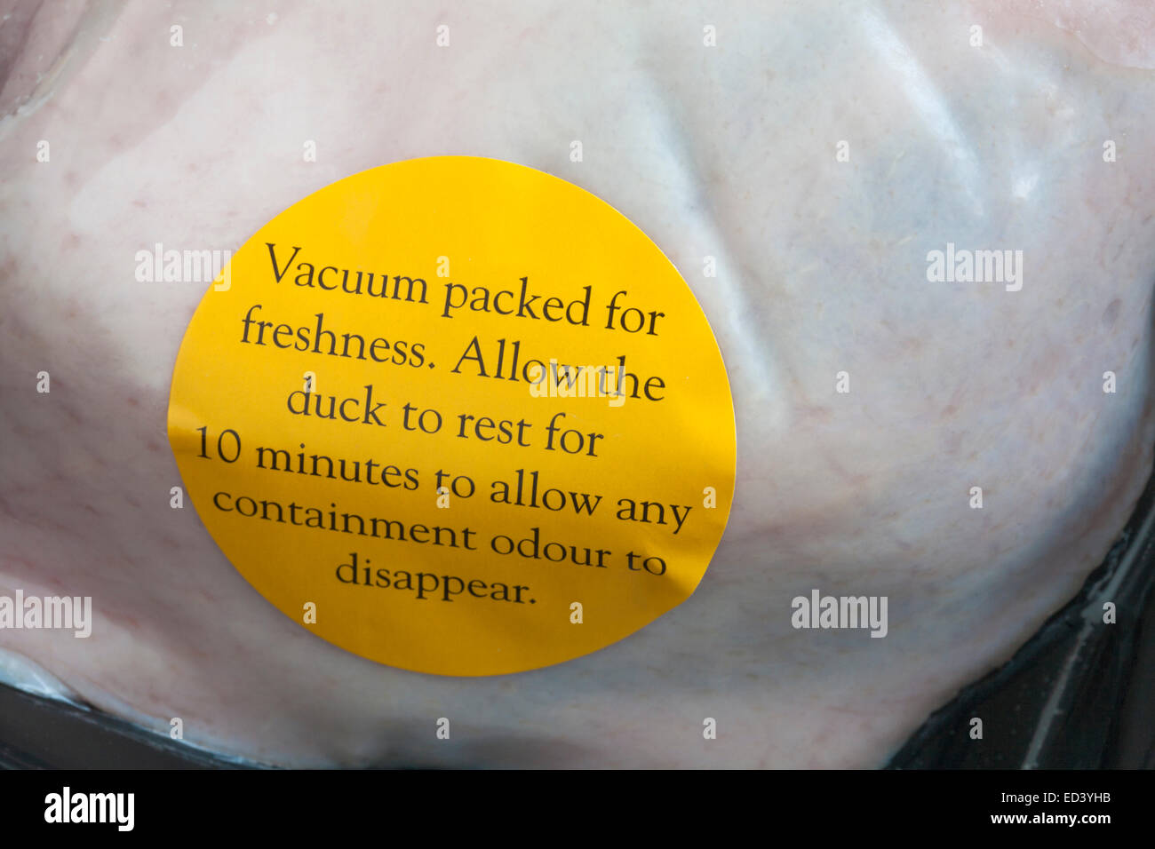 Vacuum packed for freshness label on pack of duck legs Stock Photo