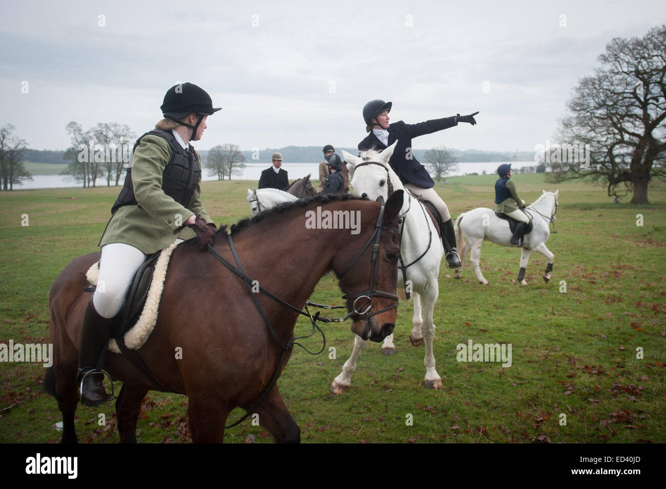 Horses and riders at the annual Boxing Day meet of the Meynell and South Staffs Hunt at Blethfield Hall, Staffordshire 2014 Stock Photo
