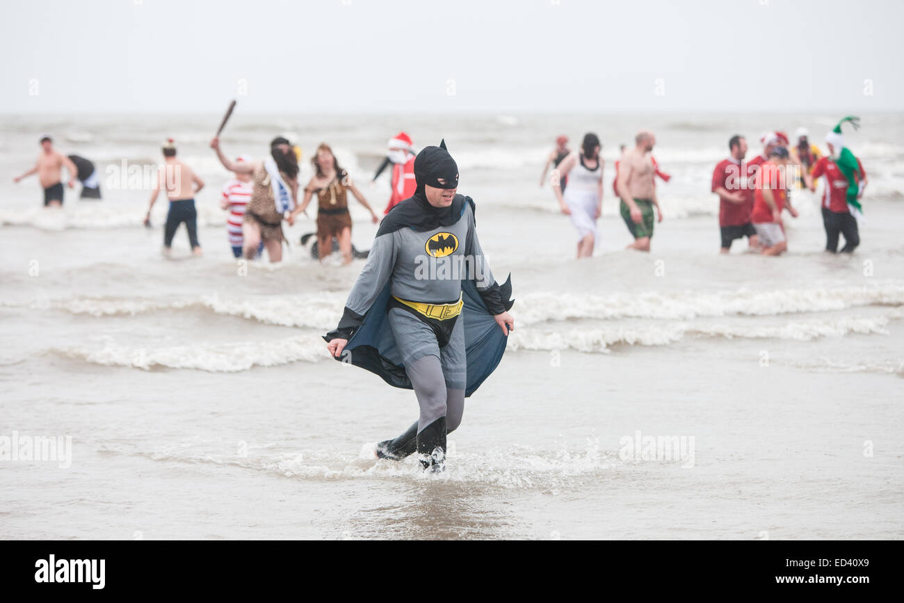 Carmarthenshire, Wales, UK. 26th Dec, 2014. At Pembrey Sands,Cefn Sidan, on a very cold,windy and with heavy rain for the 30th anniversary of the Walrus Dip. Brave swimmers endure the elements dressed in various fancy dress costumes for a brief dip in the freezing waters.Carmarthenshire,Wales,UK. Credit:  Paul Quayle/Alamy Live News Stock Photo