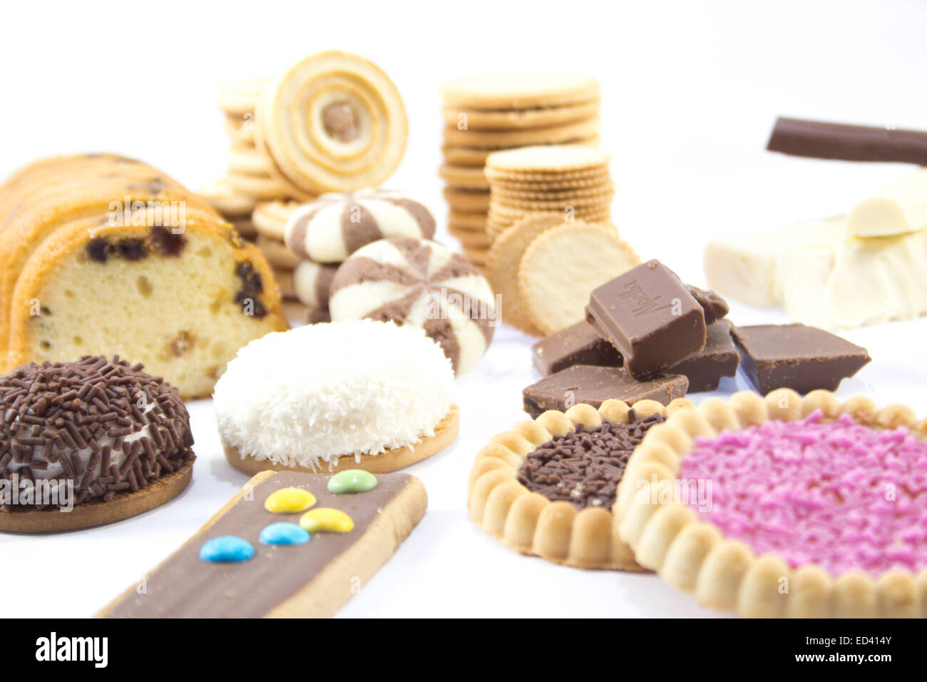 collection of delicious candies, biscuit and Cookies on a white background . Stock Photo