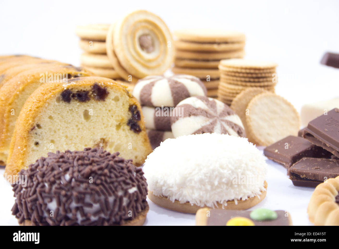 collection of delicious candies, biscuit and Cookies on a white background . Stock Photo