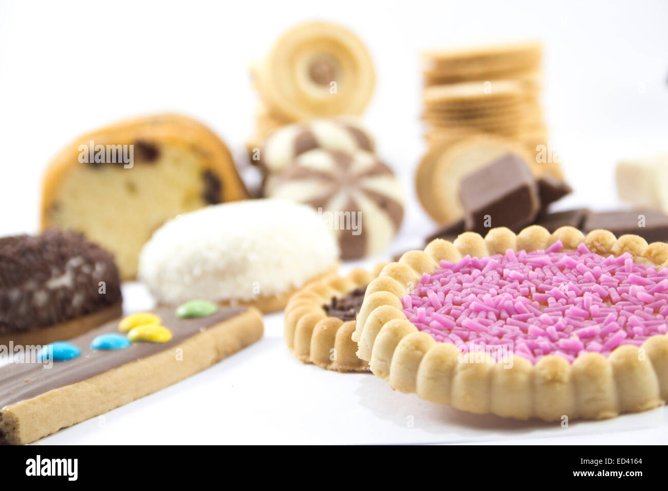 collection of delicious candies, biscuit and Cookies on a white background . Stock Photo