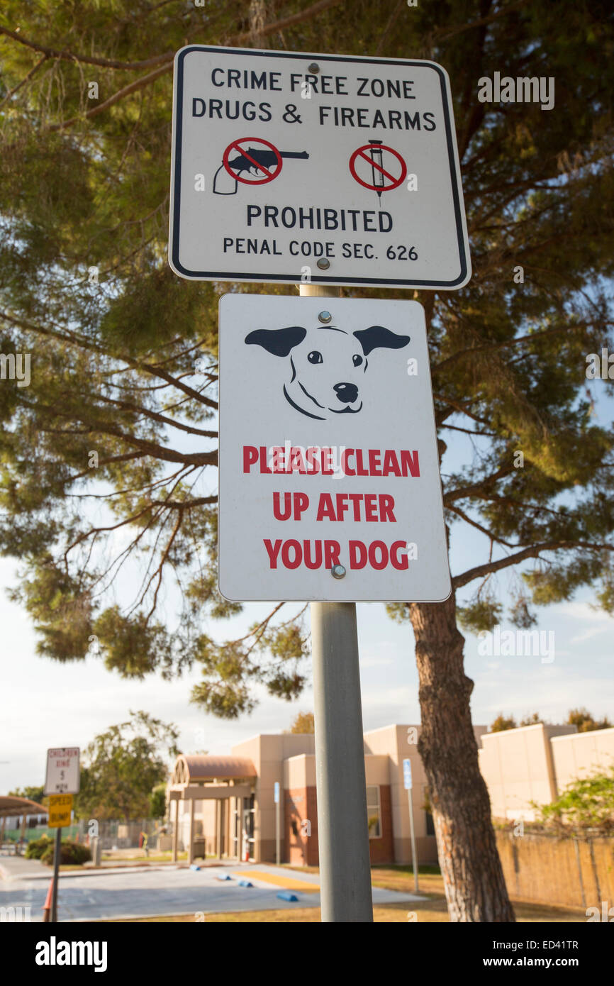 Signs for a crime free zone at Bakersfield College in Bakersfield ...