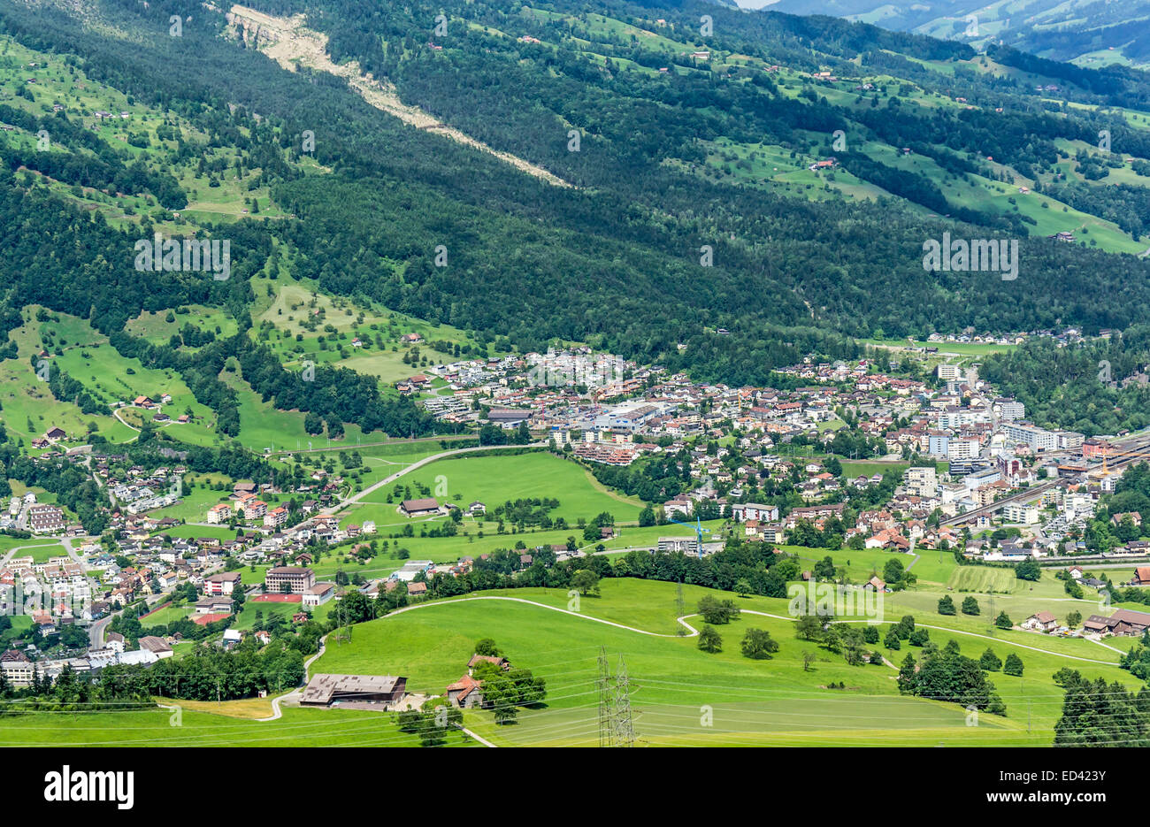 View over Goldau in Switzerland from the Rigi railway Stock Photo