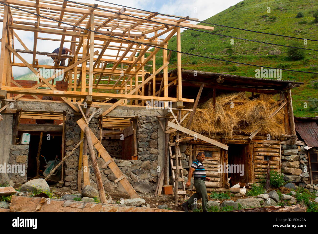 Renovating old houses in Olgunlar village, at 2150m, Yaylalar valley, Kaskar, Pontic Alps, north-east Turkey Stock Photo