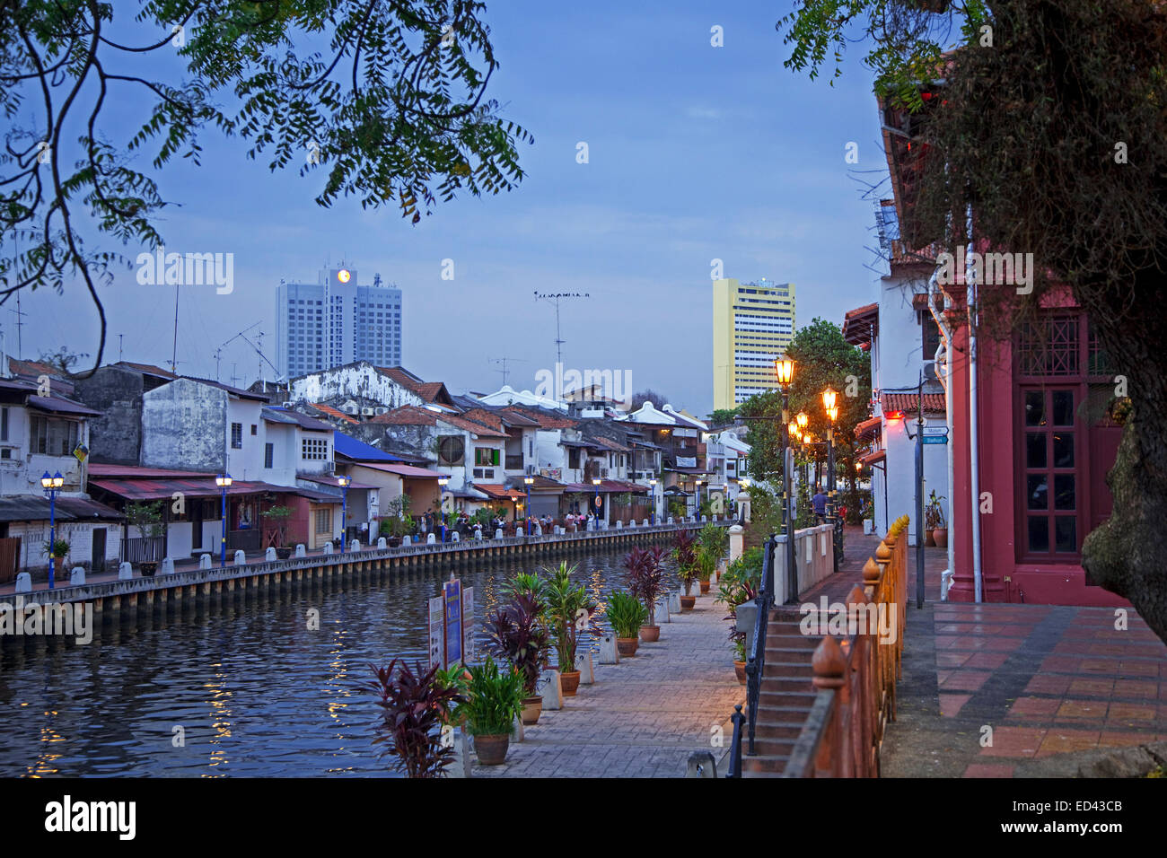 Colonial houses in evening light along the river Melaka in Malacca City / Bandaraya Melaka, Malaysia Stock Photo