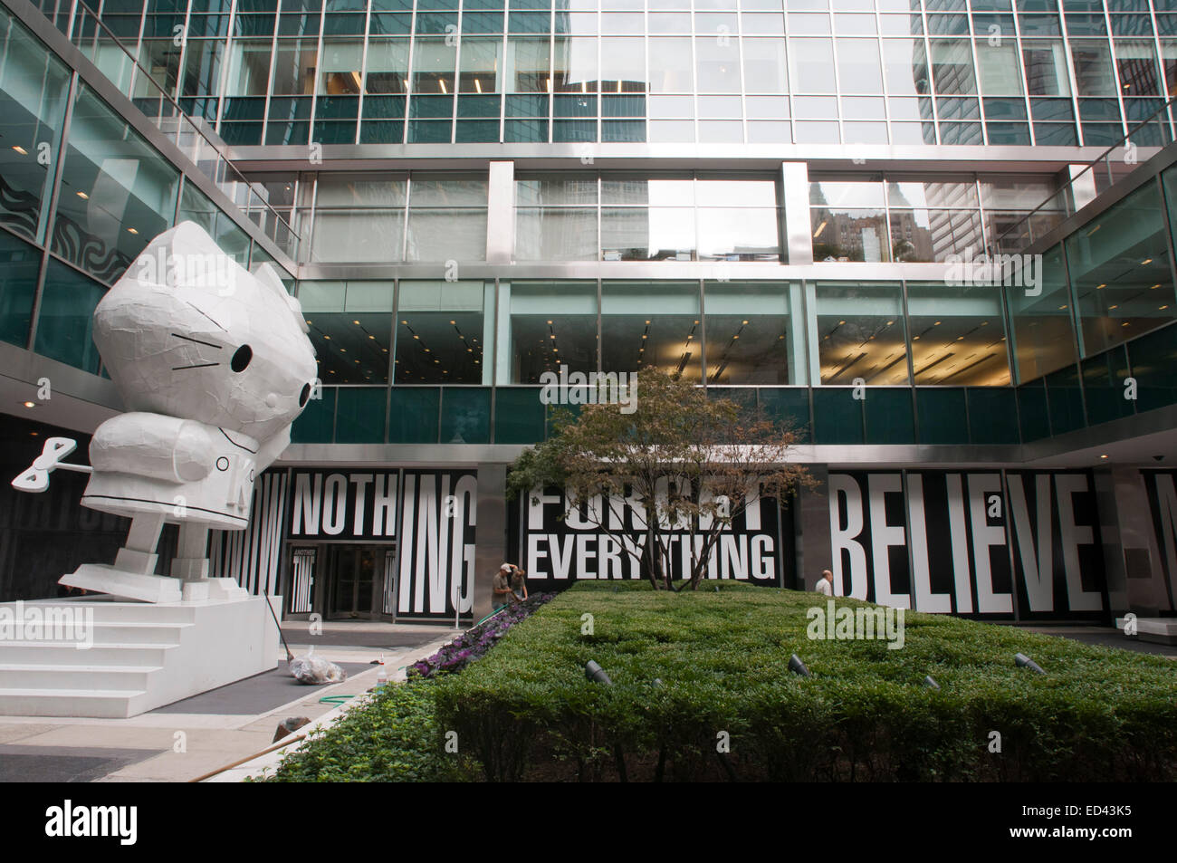 Big white hello kitty at Lever House building in Park Avenue. New York. NYC. USA. Barbara Kruger’s installation at the Lever Hou Stock Photo