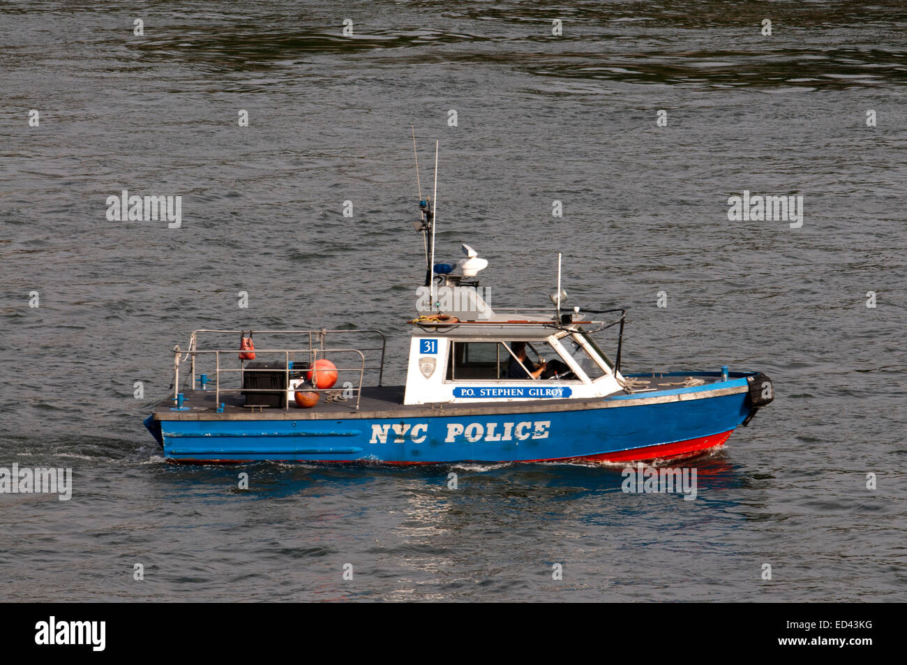 New York city police boat. New York City police boat patrols the Hudson River. Police watercraft. Police watercraft are boats or other vessels that are used by police agencies to patrol bodies of water. They are usually employed on major rivers, in enclosed harbors near cities or in places where a stronger presence than that offered by the Harbourmaster or Coast Guard is needed. Police boats sometimes have high-performance engines in order to catch up with fleeing fugitives on the water. They have been used since the beginning of the 20th century. Stock Photo