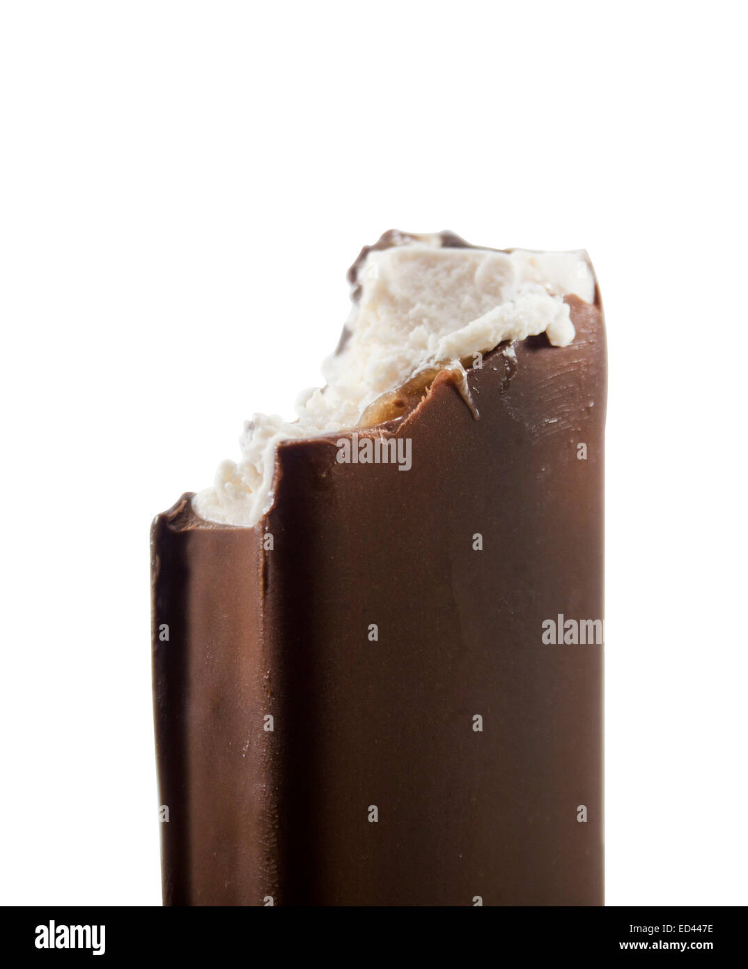 bite ice cream covered with chocolate isolated on white background