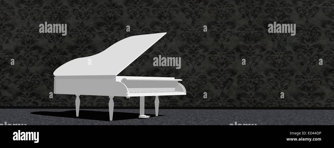 White grand piano in a room with dark wallpaper Stock Photo - Alamy