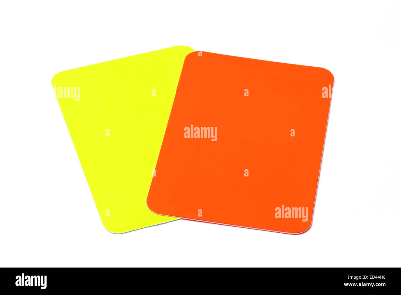 Photo of red and yellow referee cards isolated on white. Stock Photo