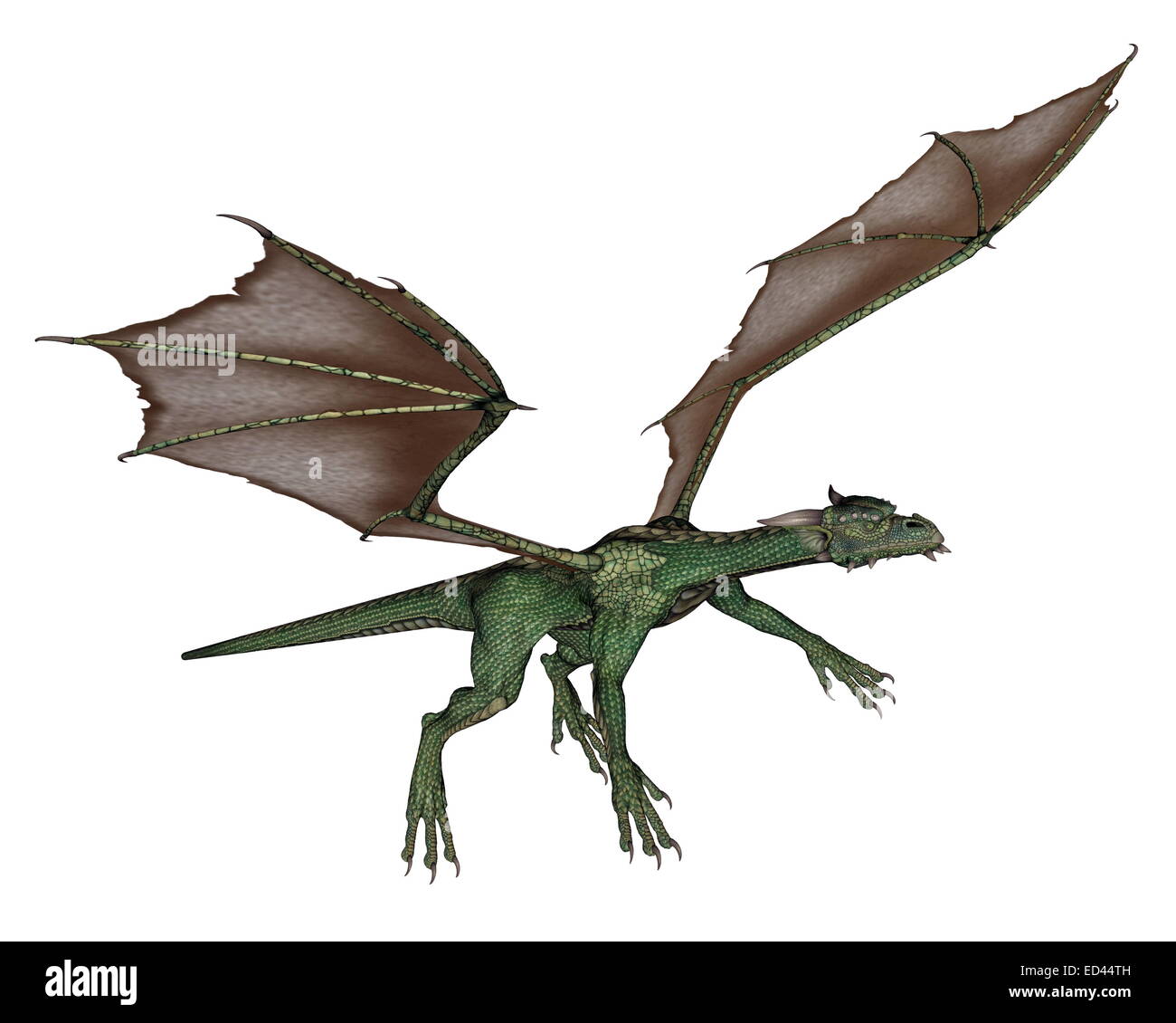 Green dragon flying wings wide open in white background Stock Photo - Alamy