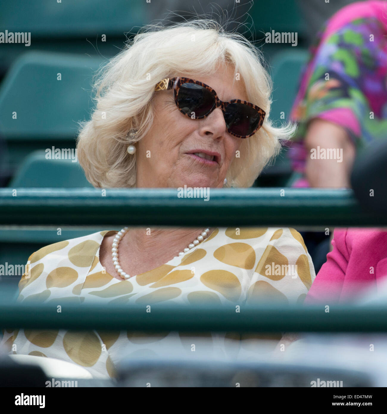 25.06.2014. The Wimbledon Tennis Championships 2014 held at The All England Lawn Tennis and Croquet Club, London, England, UK. General View. HRH The Duchess of Cornwall ("Camilla") leaves the Royal Box to watch the Murray match from the stands of No1 Cour Stock Photo