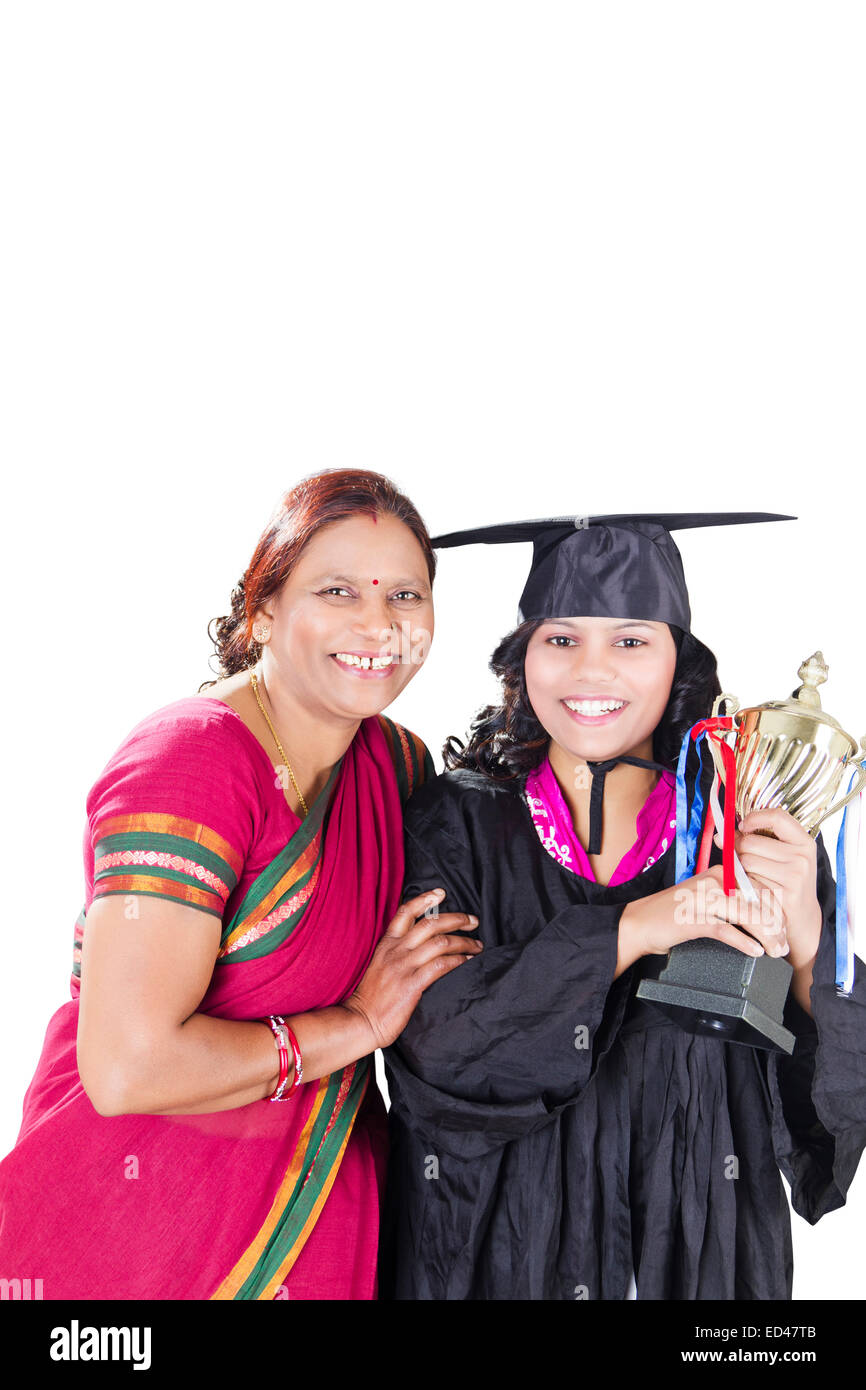 indian mother with Daughter Trophy Victory Stock Photo