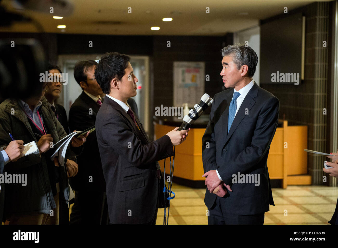 Special Representative for North Korea Policy Sung Kim addresses the international media after his meeting with Junichi Ihara, Director-General of the Asian and Oceanian Affairs Bureau, Ministry of Foreign Affairs in Tokyo, Japan, on December 8, 2014. Stock Photo