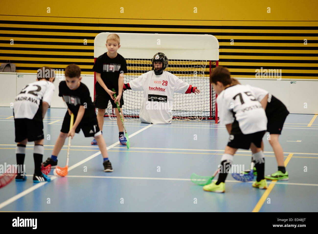 Children Boys Schoolchildren Playing Floorball Floor Hockey
