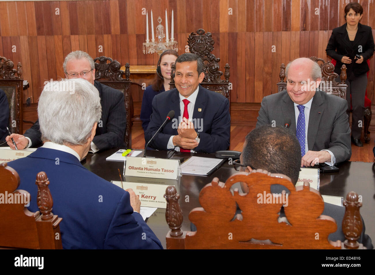President Ollanta Humala of Peru laughs as he prepares to start a bilateral meeting with U.S. Secretary of State John Kerry in Lima, Peru, on Dec. 11, 2014, and after the Secretary addressed the 20th session of the Conference of the Parties to the United Nations Framework Convention on Climate Change. Stock Photo